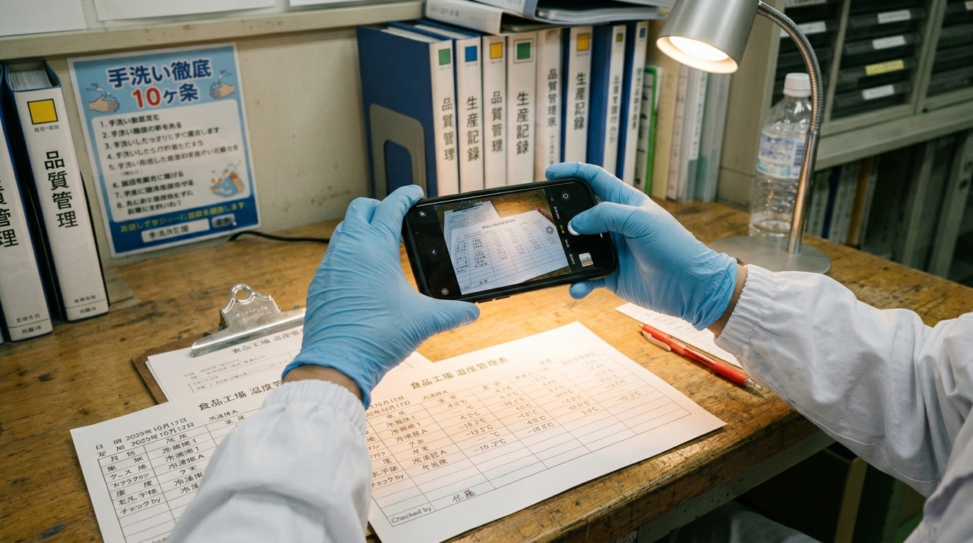 食品工場の品質管理室で温度管理表をスマートフォンで撮影して設定するイメージ