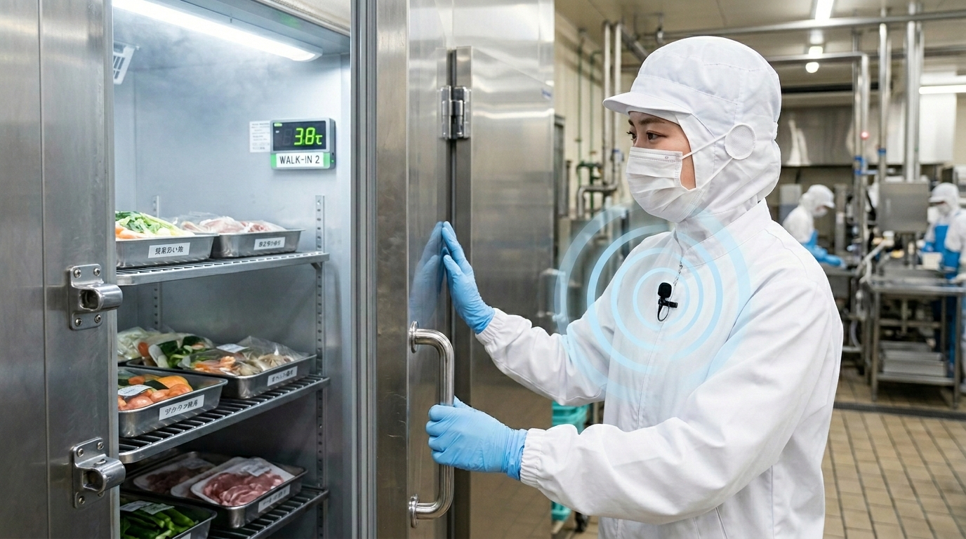 食品工場で胸元のピンマイクに音声入力しながら温度記録するイメージ