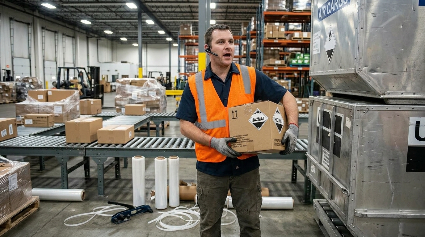 ハンディターミナルを持ちながら作業するカーゴウェアハウスの様子