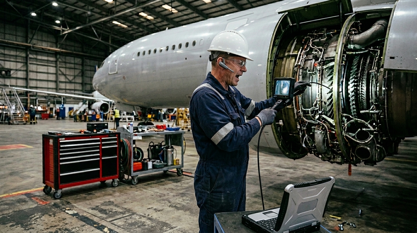 Bluetoothヘッドセットを装着しボアスコープ検査中に発話記録する航空機整備士