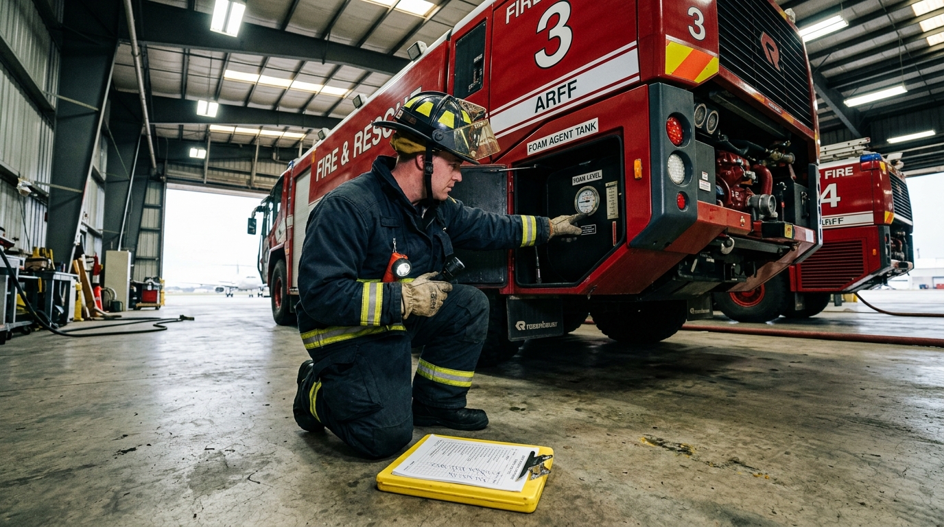 防火手袋を着けたままARFFトラックを点検する空港消防隊員