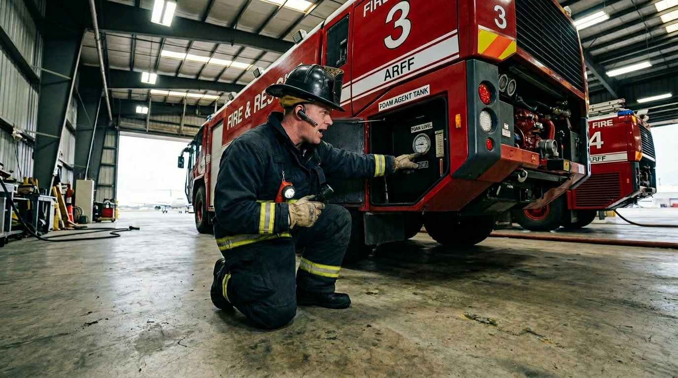 Bluetoothヘッドセットを装着しARFFトラック点検中に発話記録する空港消防隊員