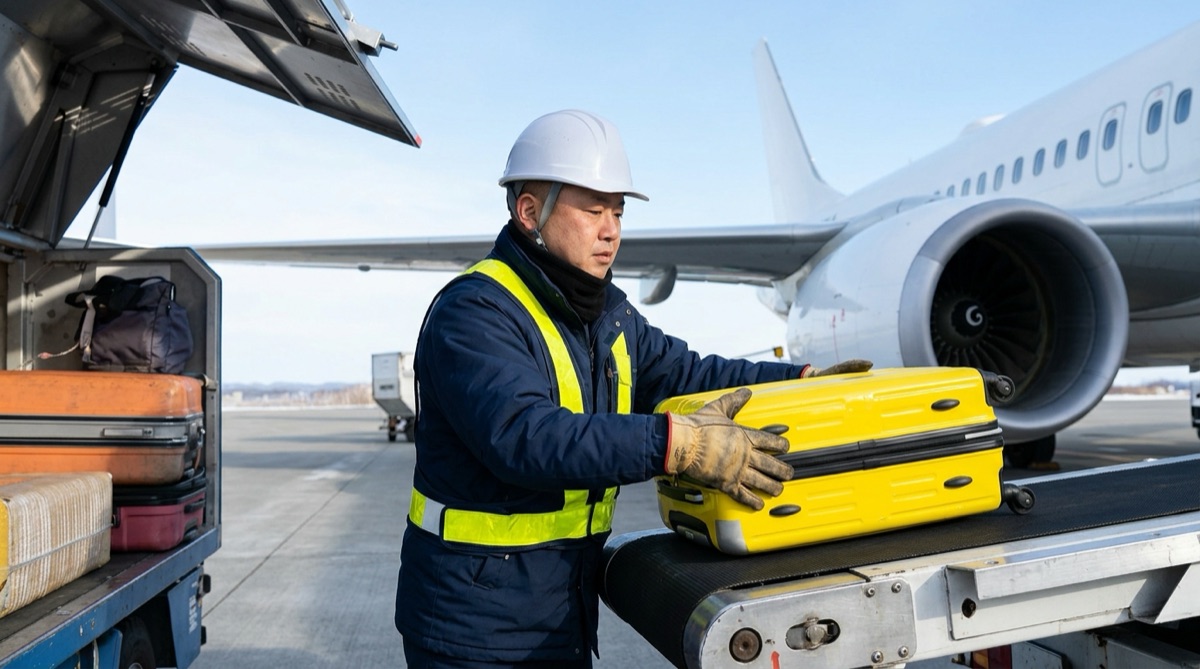 空港エプロンのカーゴ積み込みで両手が塞がり記録端末を操作できないグランドハンドリング作業員