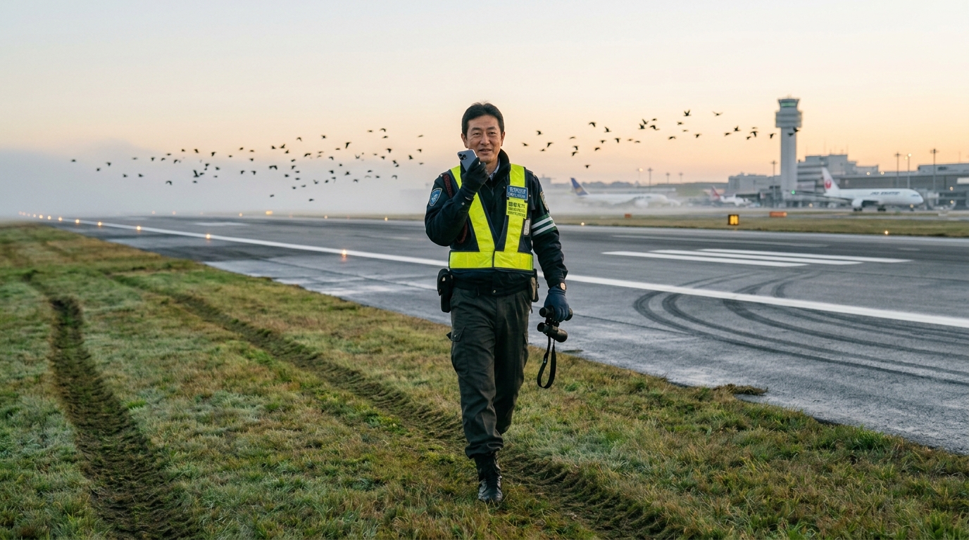 スマートフォンに話しかけながら巡回を続けるバードパトロール担当者