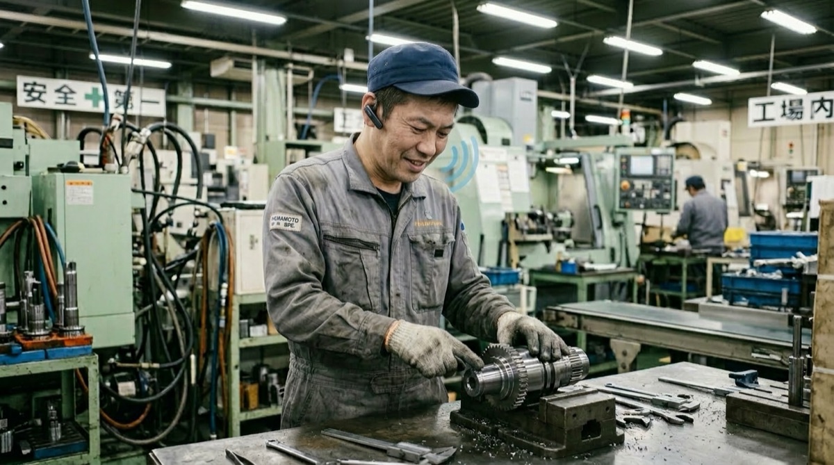 音声ヘッドセットで作業しながら記録する現場作業者