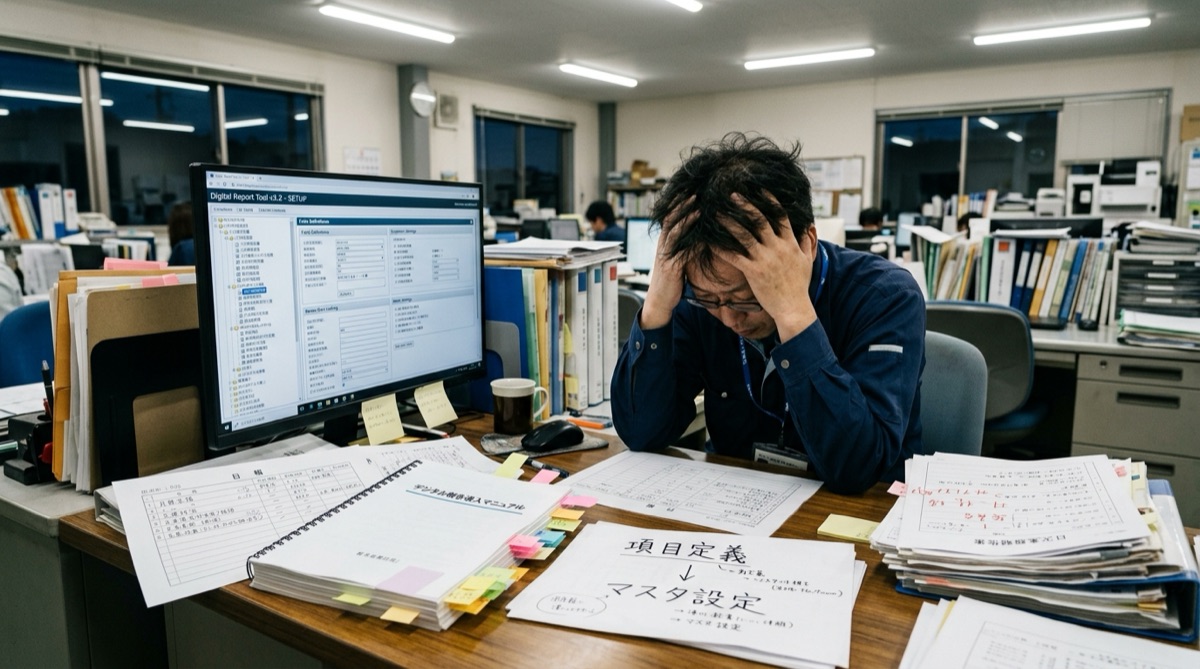 設定画面と書類に頭を抱える導入担当者