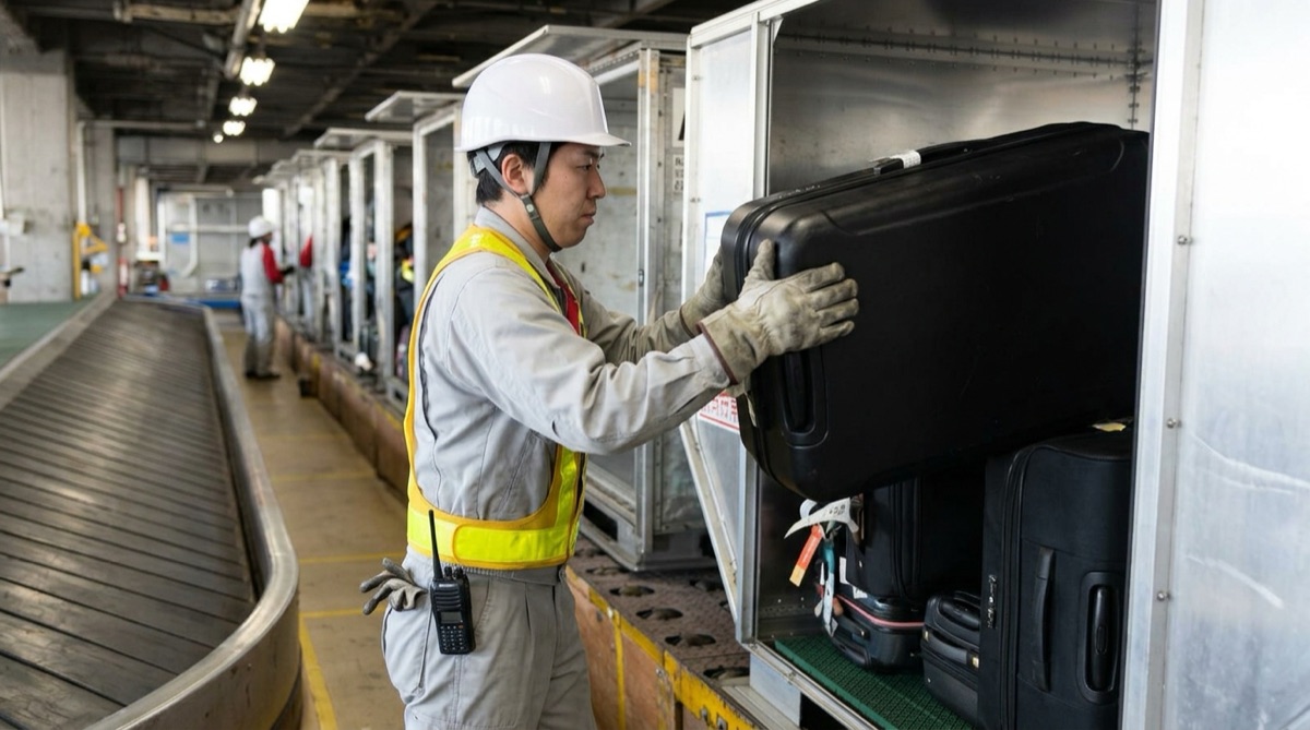 バルクカーゴ室で荷物を両手で扱いながら記録タイミングを逃しやすいグランドハンドリング作業員