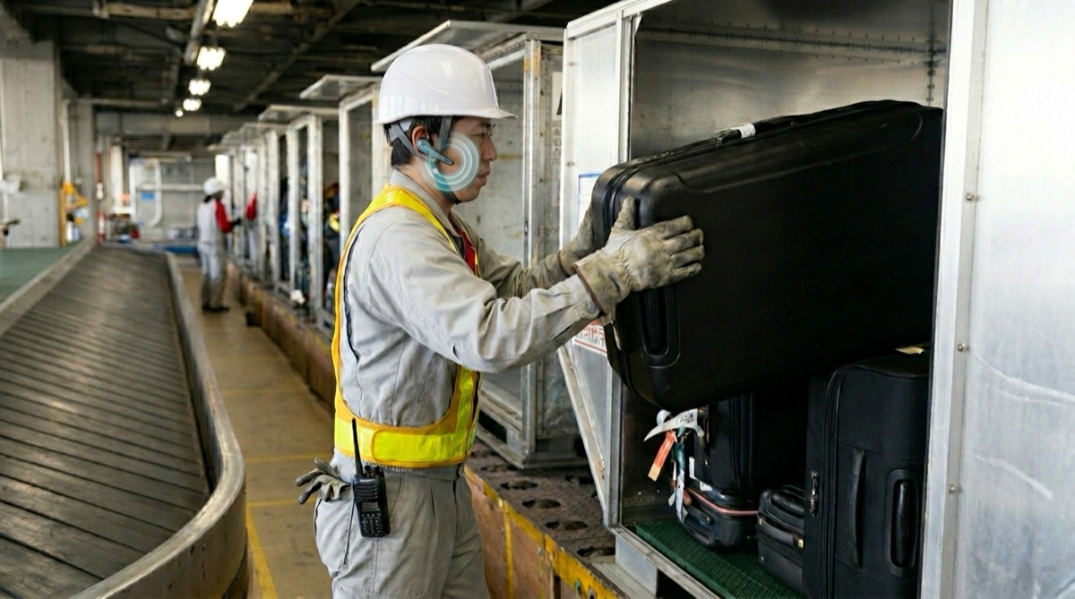 Bluetoothヘッドセットで発話しながらランプ作業を継続するグランドハンドリング作業員