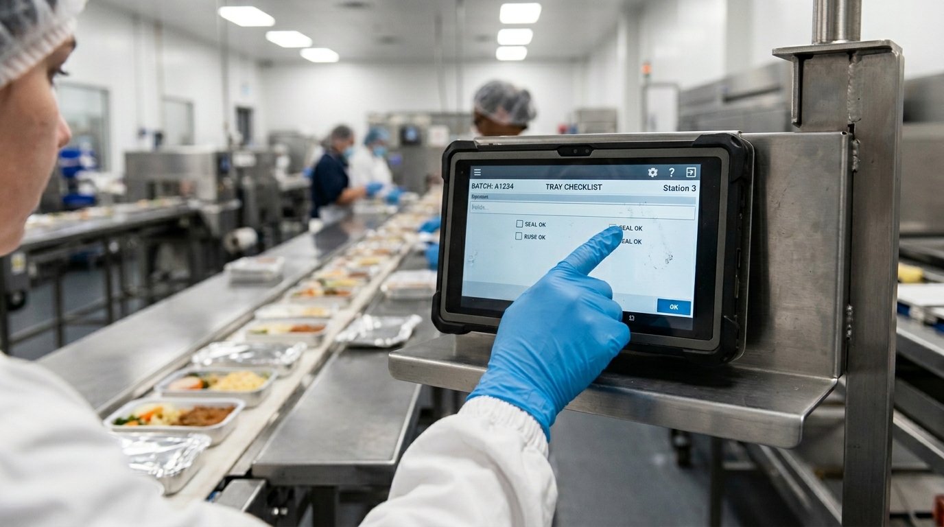 衛生手袋をはめたまま機内食トレイライン横のタブレットを操作しようとするフライトキッチンスタッフ