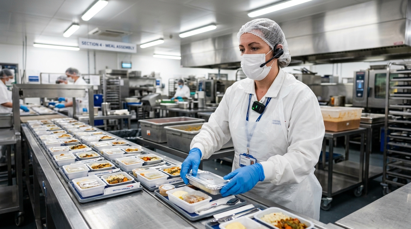 Bluetoothヘッドセットを装着し機内食トレイラインで発話記録するフライトキッチンスタッフ