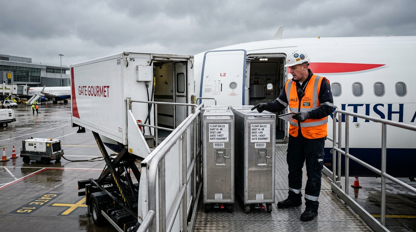 ハイリフトトラック上で機内食カートのラベルを確認しながら搭載照合を行う作業員