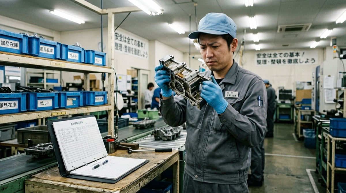 両手で金属部品を持ち上げて目視検査をしている工場作業者。作業台にはバインダーと記録用紙が置かれているが、手が塞がっていて記録できない