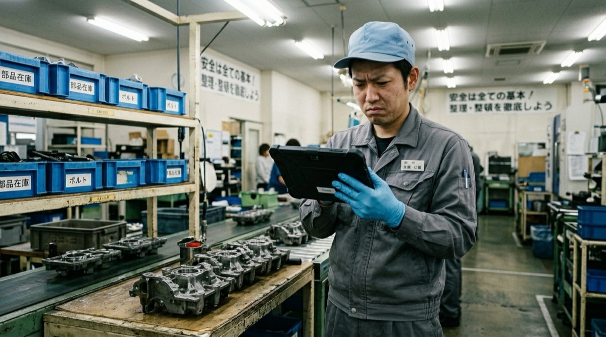 タブレットを導入したが、手袋のまま画面を操作できず困惑している工場作業者。作業台には検査待ちの部品が並んでいる