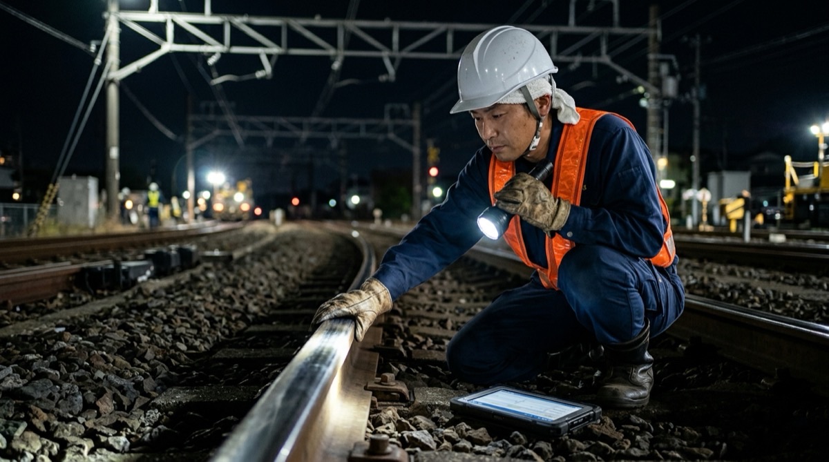 保線作業員が深夜の線路上で点検記録に苦労するイメージ