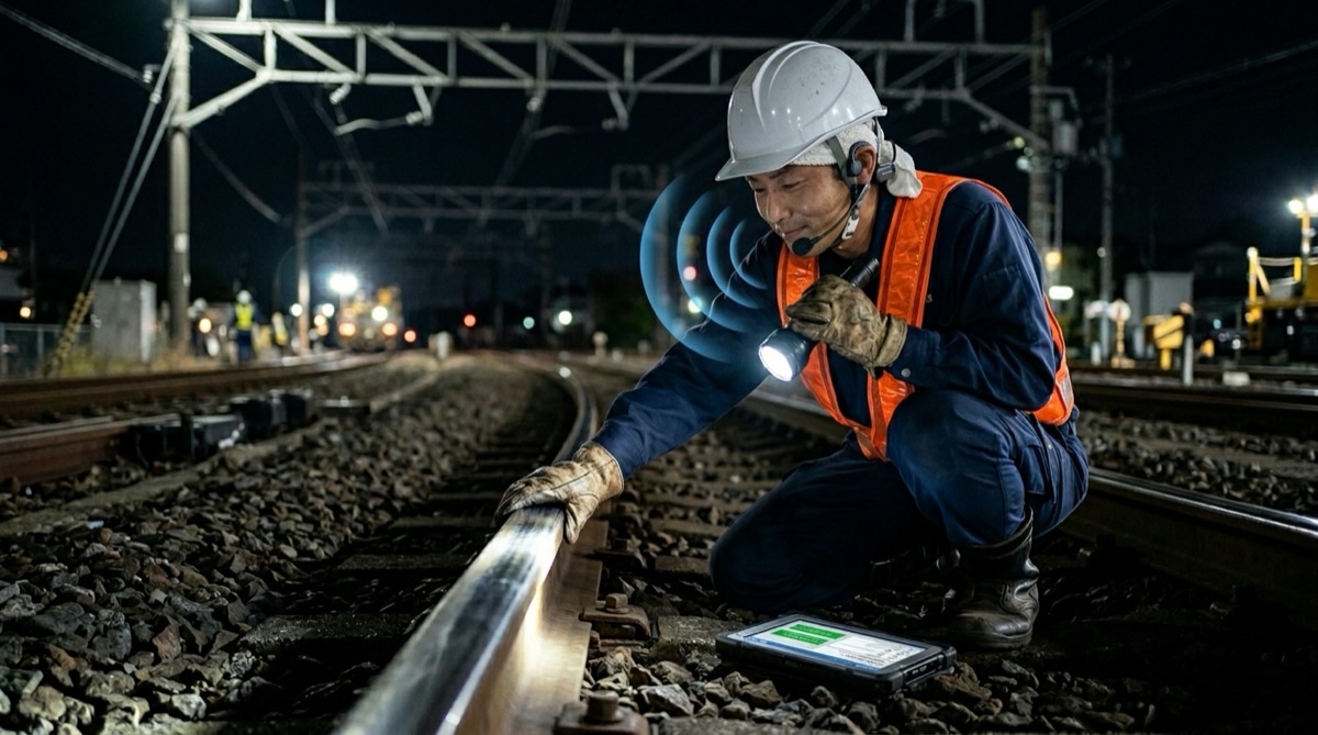 ヘッドセットのマイクで音声入力しながらレールを点検する保線作業員