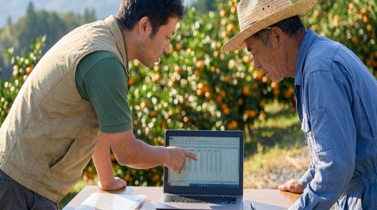 指導員がノートPCで記録状況を確認