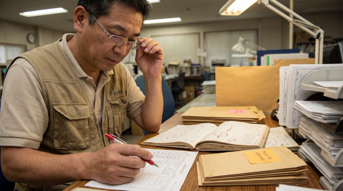 JA事務局での栽培管理記録簿の回収・チェック作業