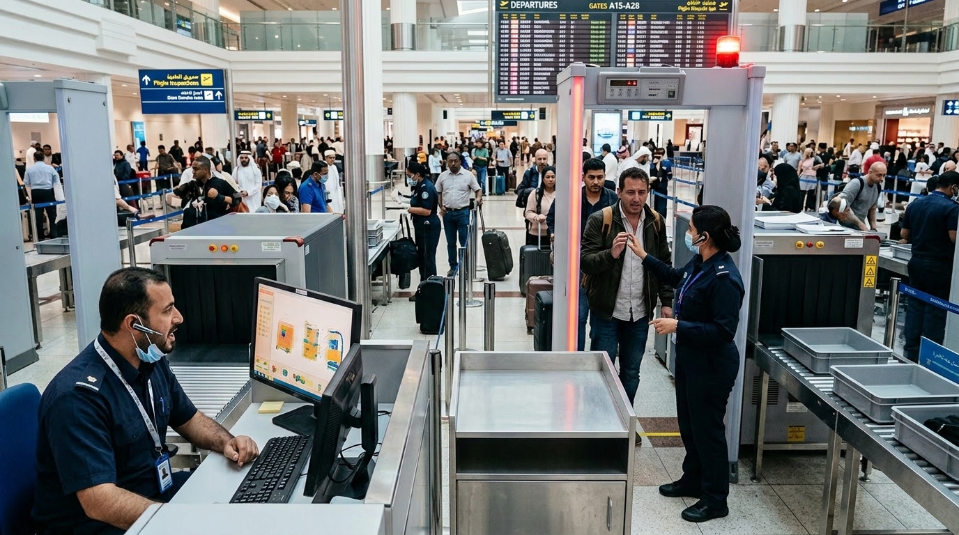 Bluetoothヘッドセットを装着し保安検査レーンで発話記録する検査員