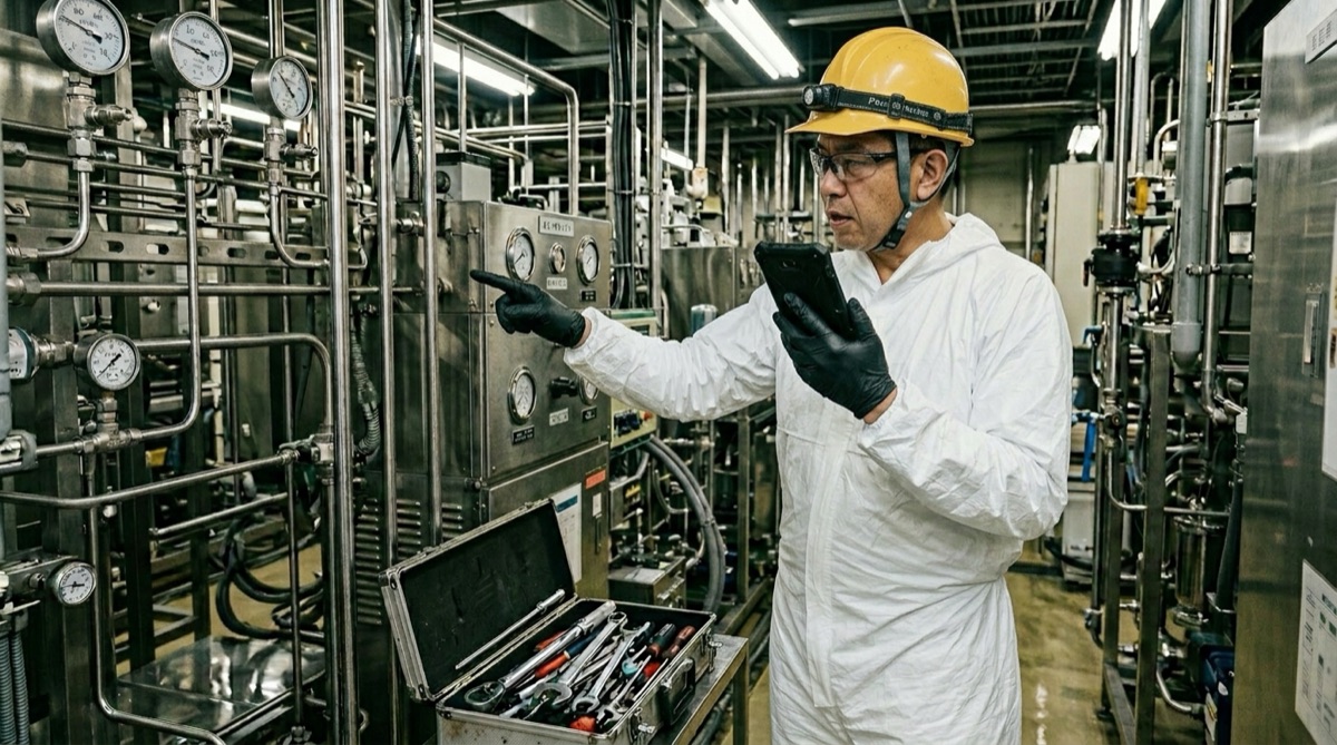 圧力計を指差し確認しながら音声で記録する保全技術者