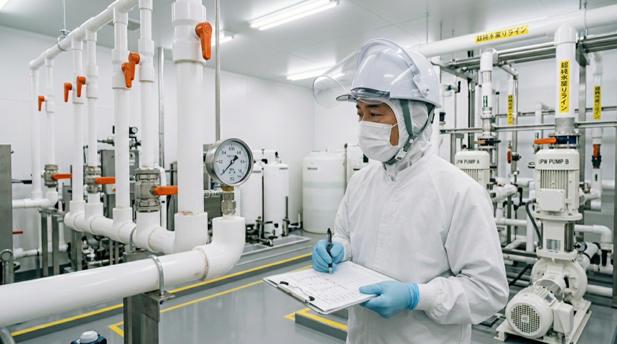 半導体工場サブファブの巡回点検シーン、担当者が計器を確認している様子