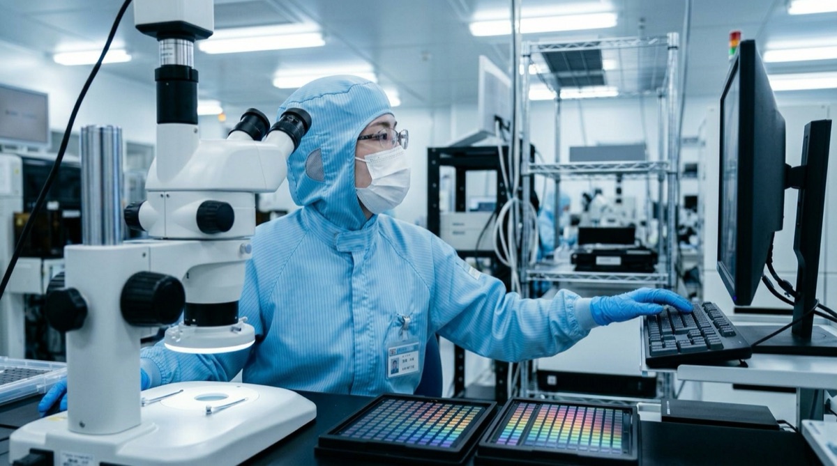 実体顕微鏡での半導体外観検査シーン